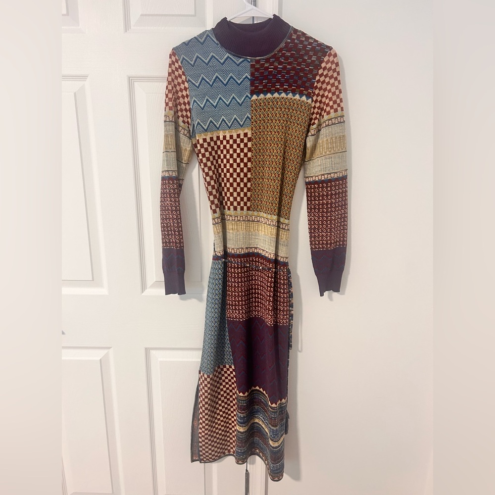 Ulla Johnson Almira Masque Patchwork Jacquard Knit Midi Dress with Belt